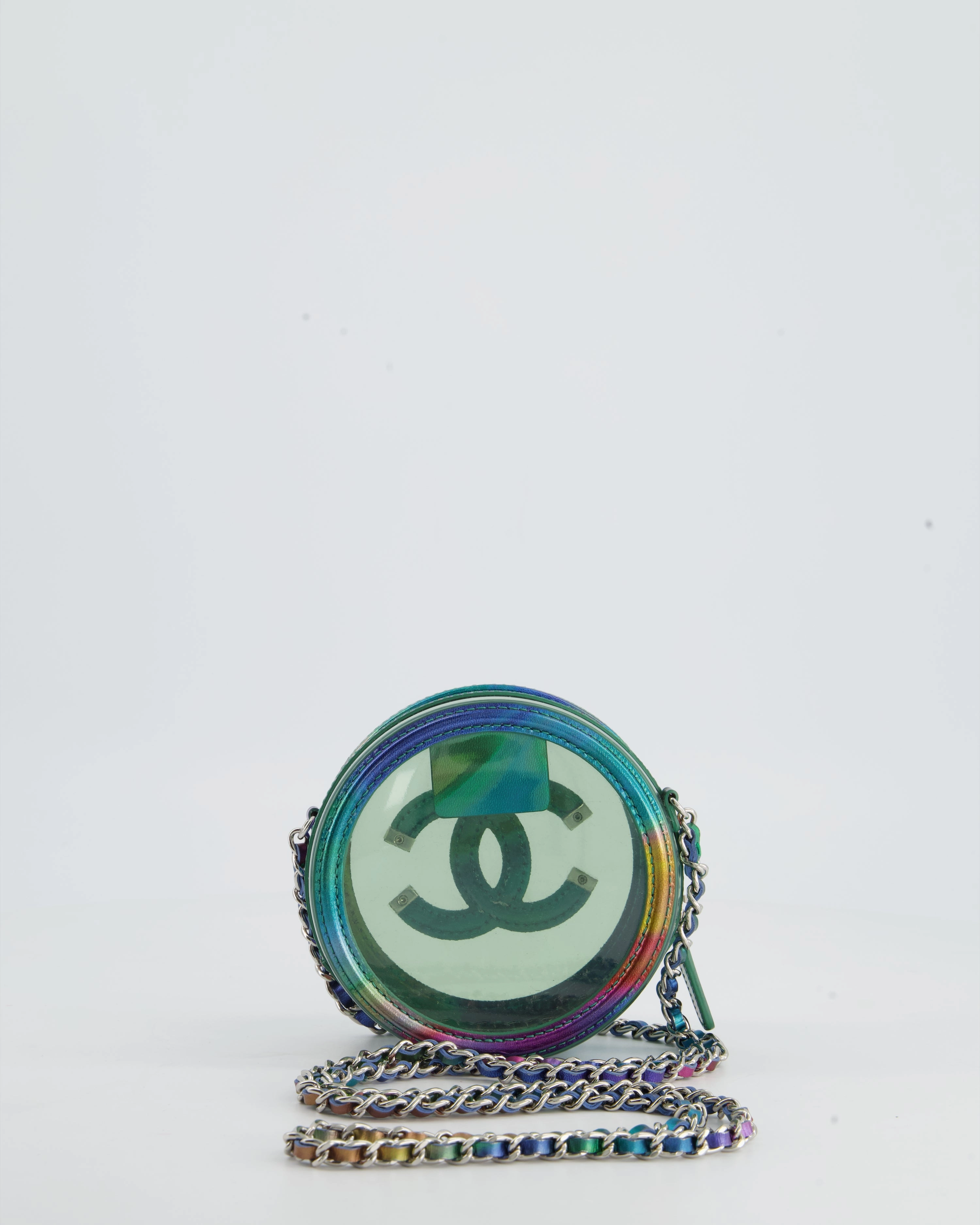 *HOT* Chanel Rainbow Green Filigree PVC CC Mini Round Crossbody Bag with Silver Hardware