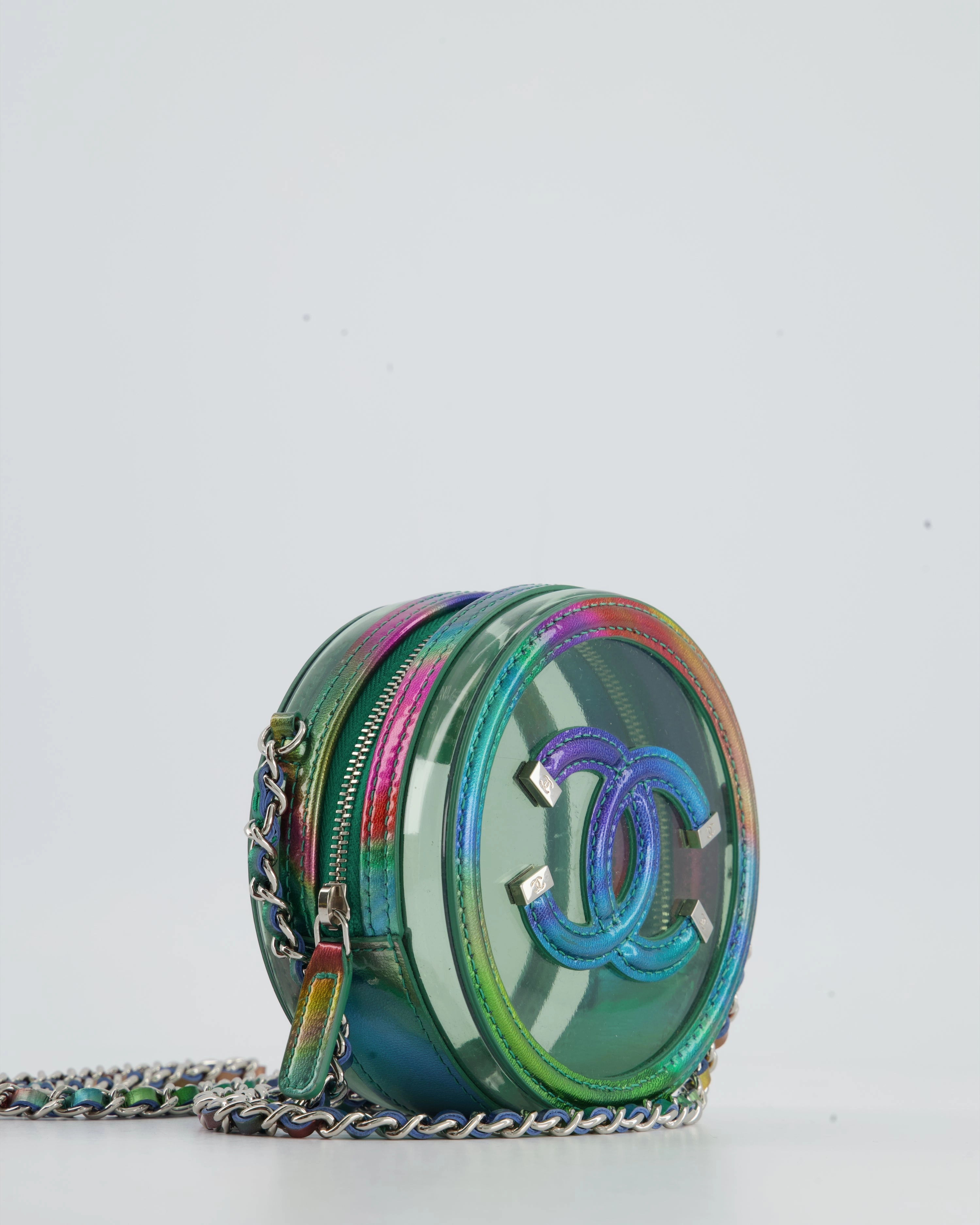 *HOT* Chanel Rainbow Green Filigree PVC CC Mini Round Crossbody Bag with Silver Hardware