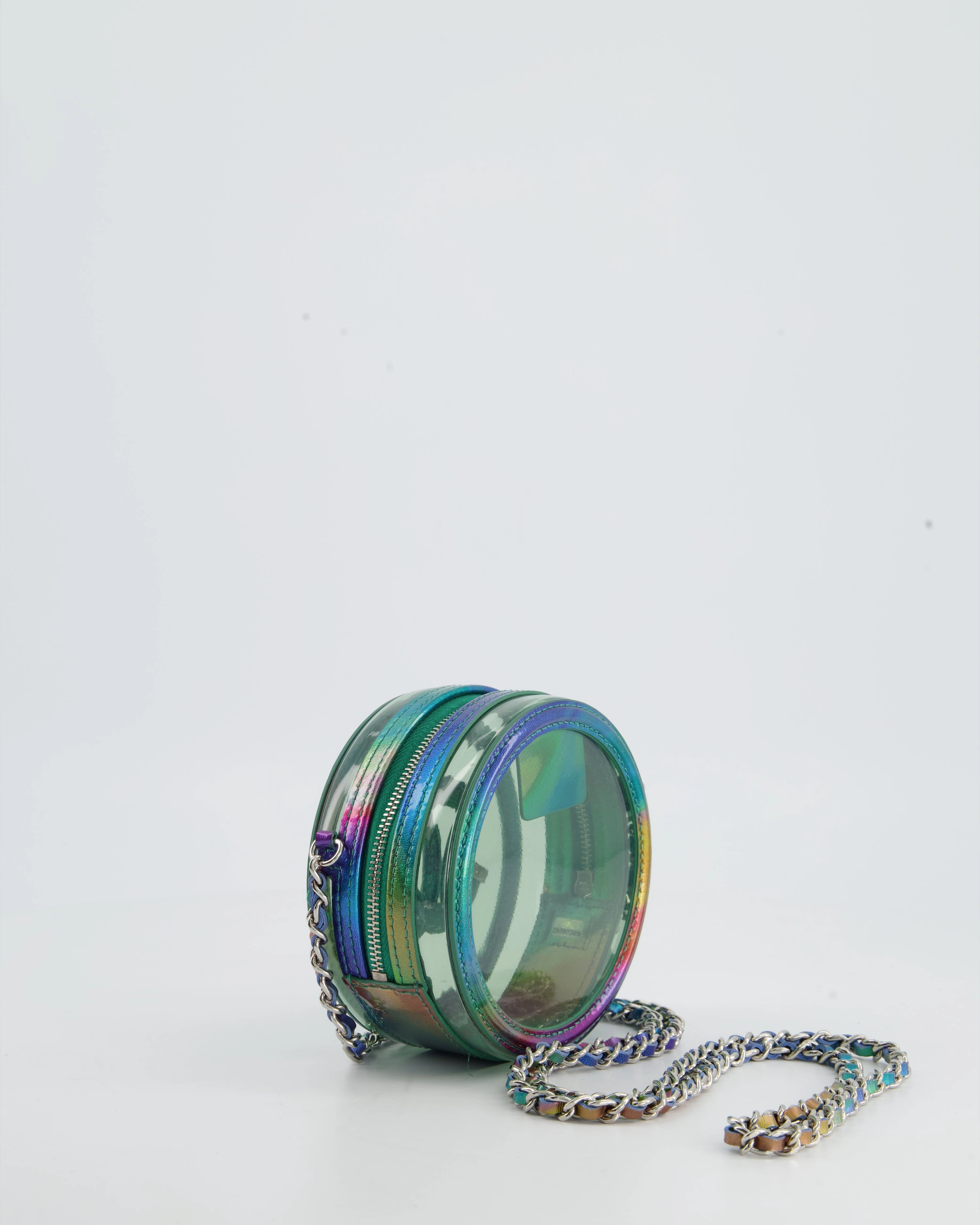 *HOT* Chanel Rainbow Green Filigree PVC CC Mini Round Crossbody Bag with Silver Hardware