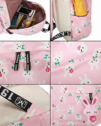 ABage Canvas Backpack Set 3 Pieces Patterned Bookbag Laptop School Backpack, Light Pink2