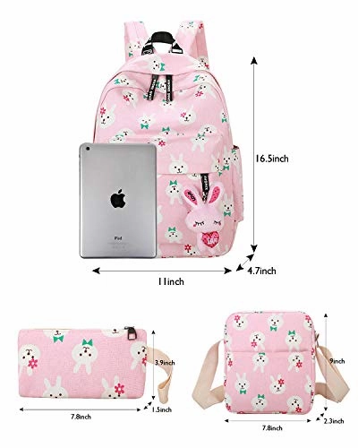 ABage Canvas Backpack Set 3 Pieces Patterned Bookbag Laptop School Backpack, Light Pink2