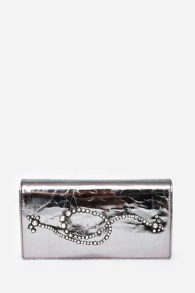 Alexis Bittar Silver Metallic Leather Clutch With Chain