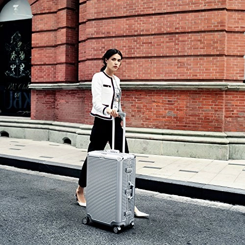 Aluminum Frame Luggage, Durable PC Hardshell TSA Lock Spinner Suitcase 26 Inch Silver