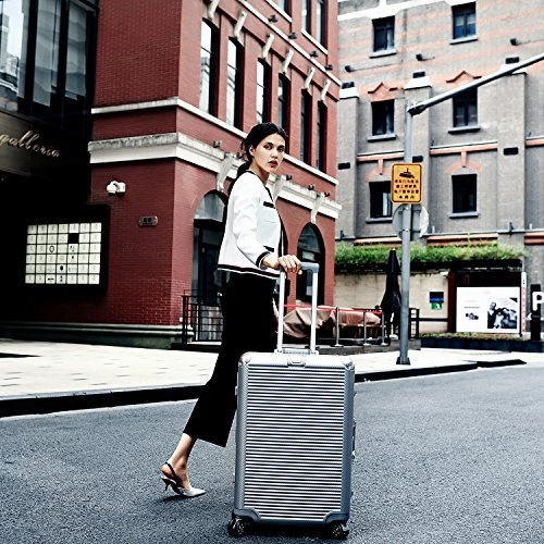 Aluminum Frame Luggage, Durable PC Hardshell TSA Lock Spinner Suitcase 26 Inch Silver