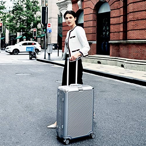 Aluminum Frame Luggage, Durable PC Hardshell TSA Lock Spinner Suitcase 26 Inch Silver