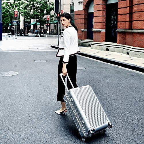 Aluminum Frame Luggage, Durable PC Hardshell TSA Lock Spinner Suitcase 26 Inch Silver