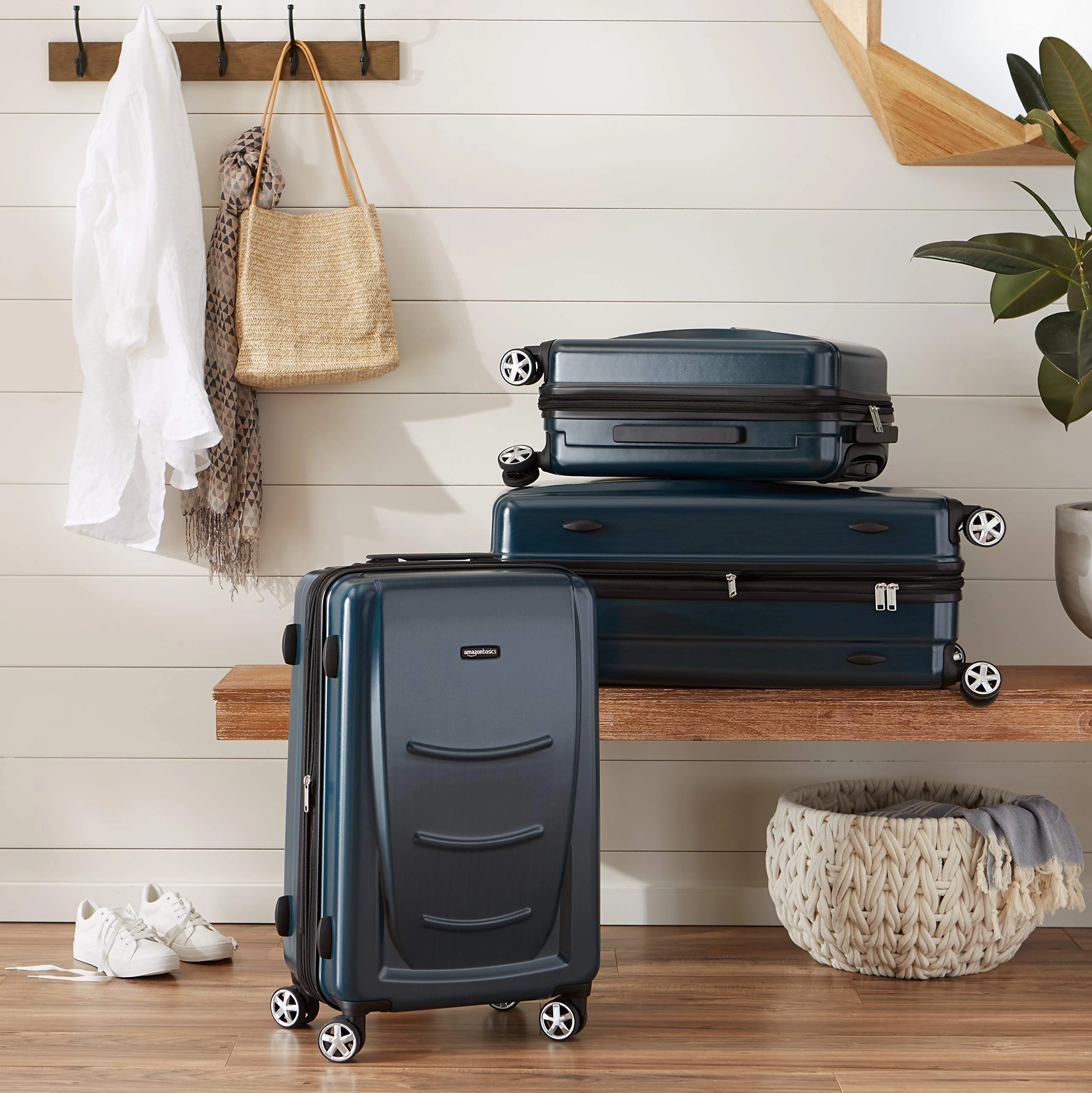 AmazonBasics Hard Shell Carry On Spinner Suitcase Luggage - 24 Inch, Navy Blue