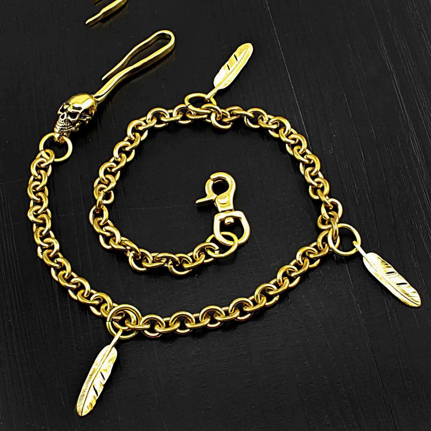 Badass Brass SKull Long Wallet CHain Biker wallet Chain Gold Pants Chains For Men