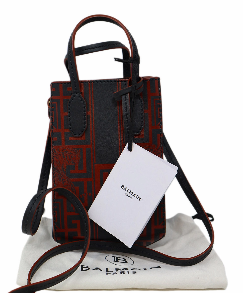 Balmain Red & Black Print Leather Crossbody