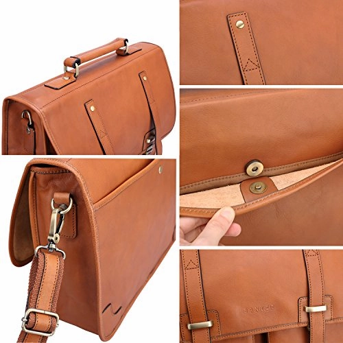 Banuce Vintage Full Grain Italian Leather Briefcase 15.6 Inch Laptop Messenger Bag for Men Business