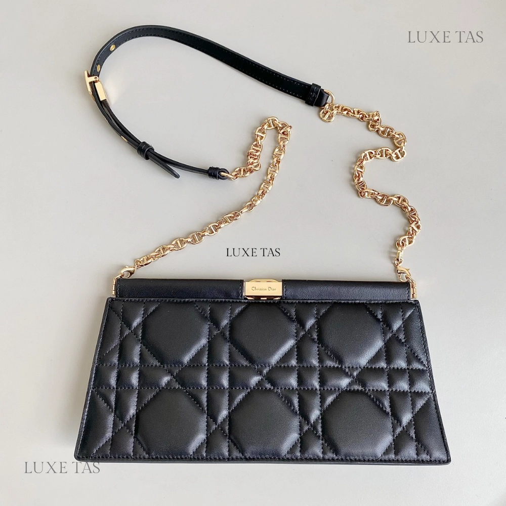 Black Cannage Lambskin D Caro Colle Noire Clutch with Chain Leather Crossbody Bag for Women