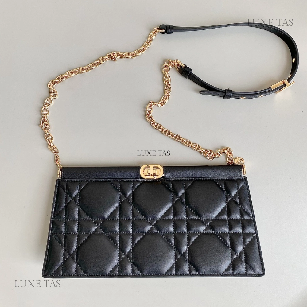 Black Cannage Lambskin D Caro Colle Noire Clutch with Chain Leather Crossbody Bag for Women