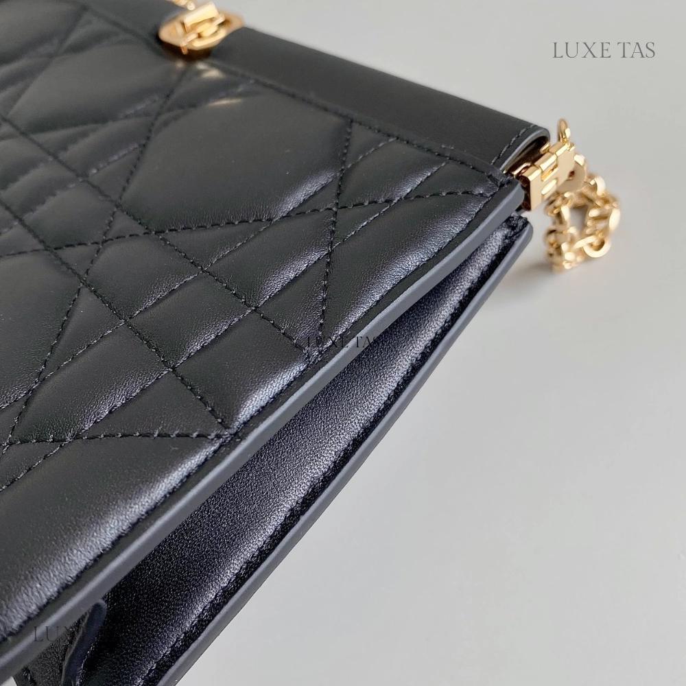 Black Cannage Lambskin D Caro Colle Noire Clutch with Chain Leather Crossbody Bag for Women