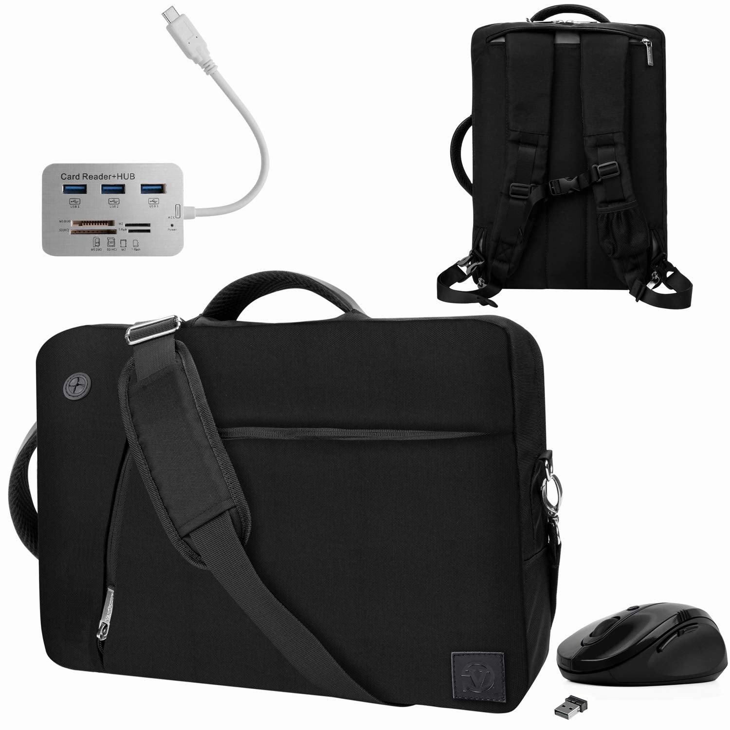 Black Convertible Laptop Bag, USB Hub, Mouse for Microsoft Surface Pro X 13" 7, 6 12.3", Book 2 Laptop 2 3 13.5" 15"