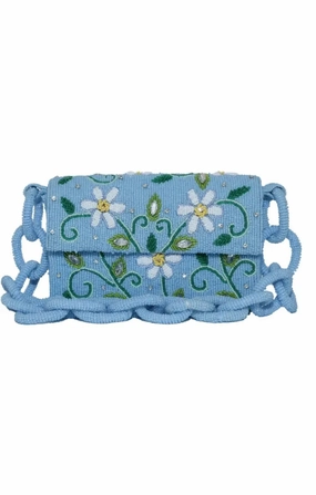 Blue Floral Beaded Chain Link Shoulder Bag