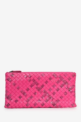 Bottega Pink Python/Leather Intrecciato Zip Pouch