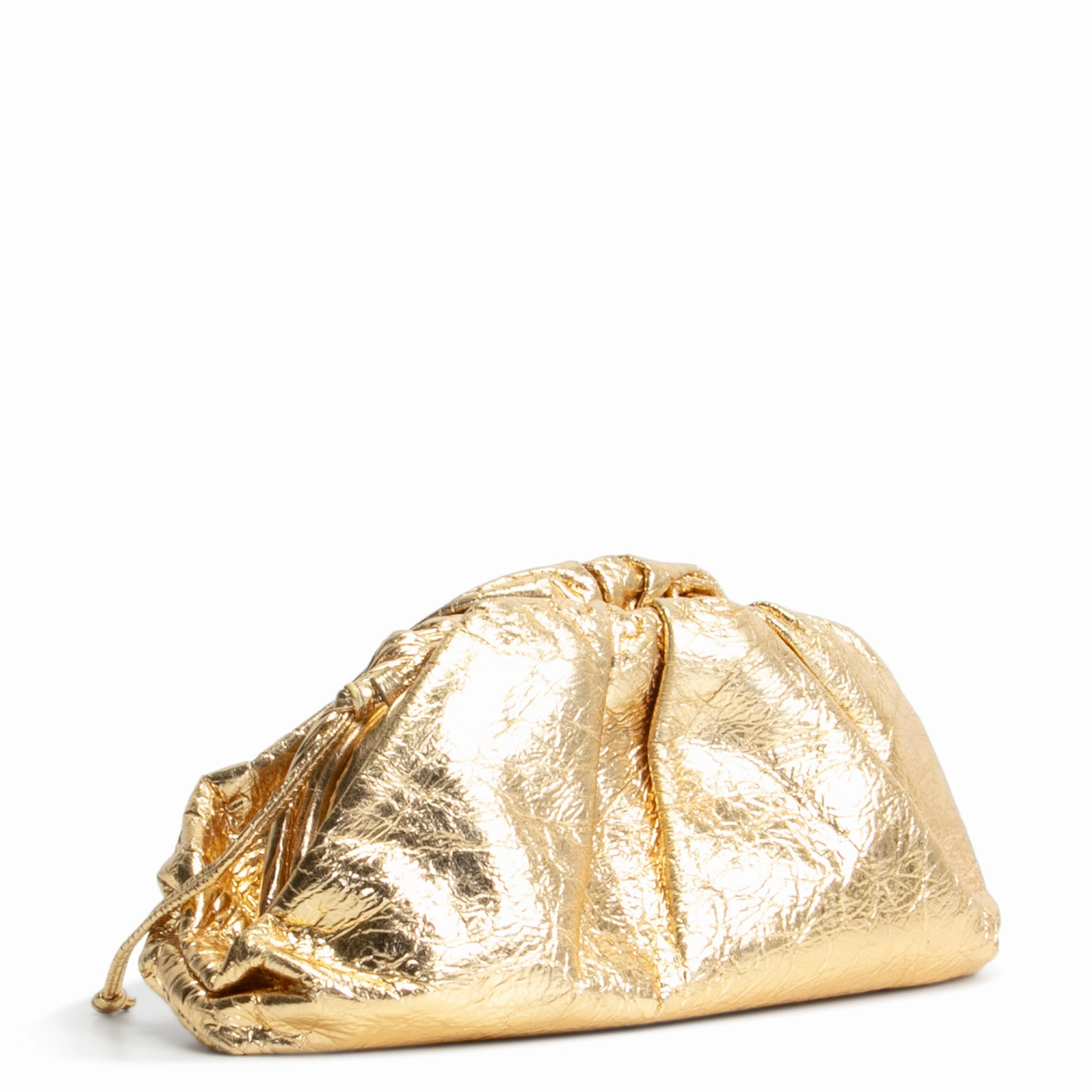 BOTTEGA VENETA Metallic Crinkled Lambskin The Mini Pouch- Oro Gold