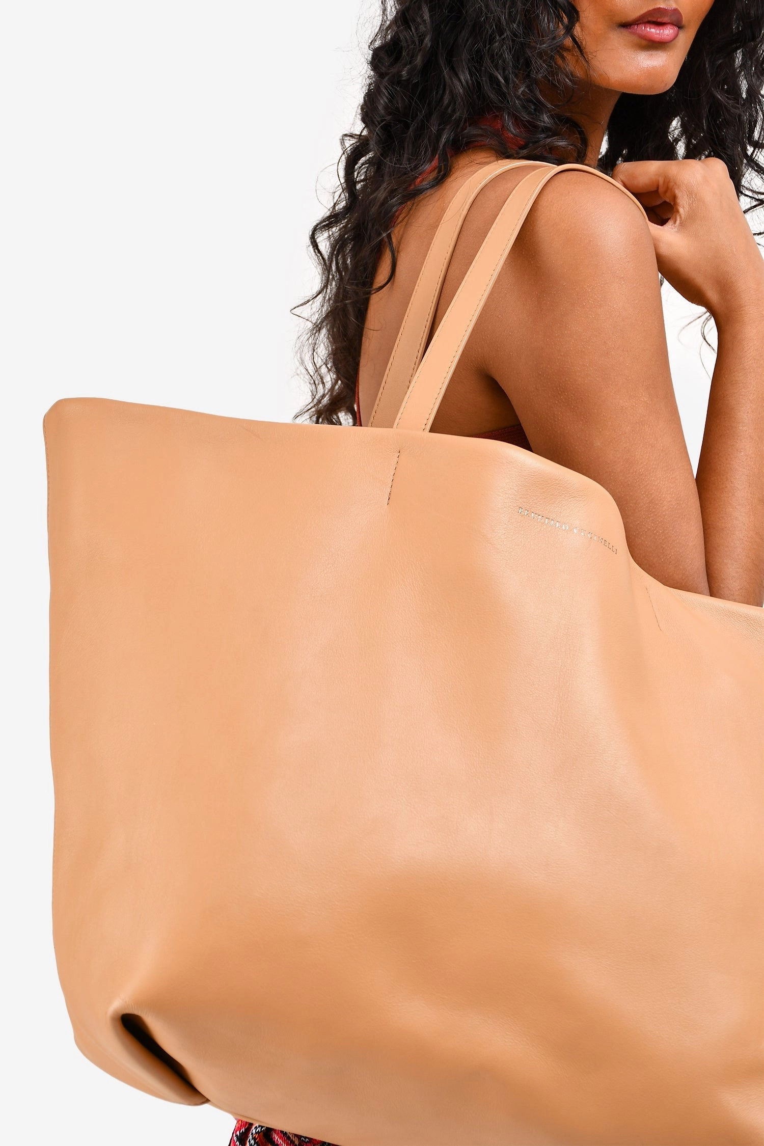Brunello Cucinelli Camel Leather Logo Tote Bag