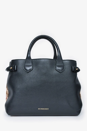 Burberry Black Calfskin Leather Medium 'House Check Banner' Top Handle Tote