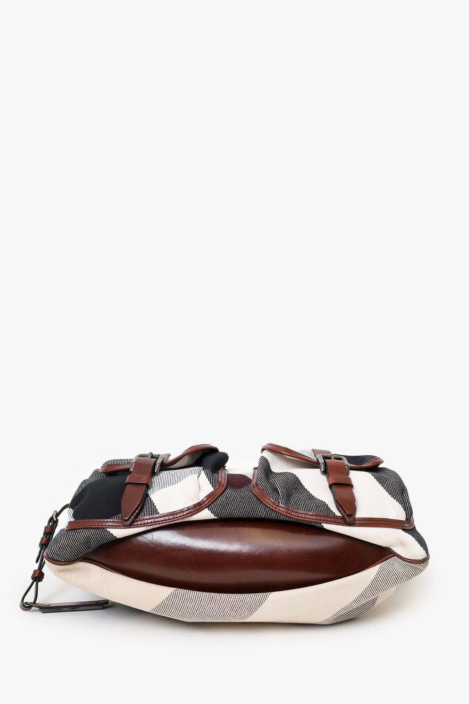 Burberry Brown Check Canvas and Leather Double Pocket Buckle Hobo Bag