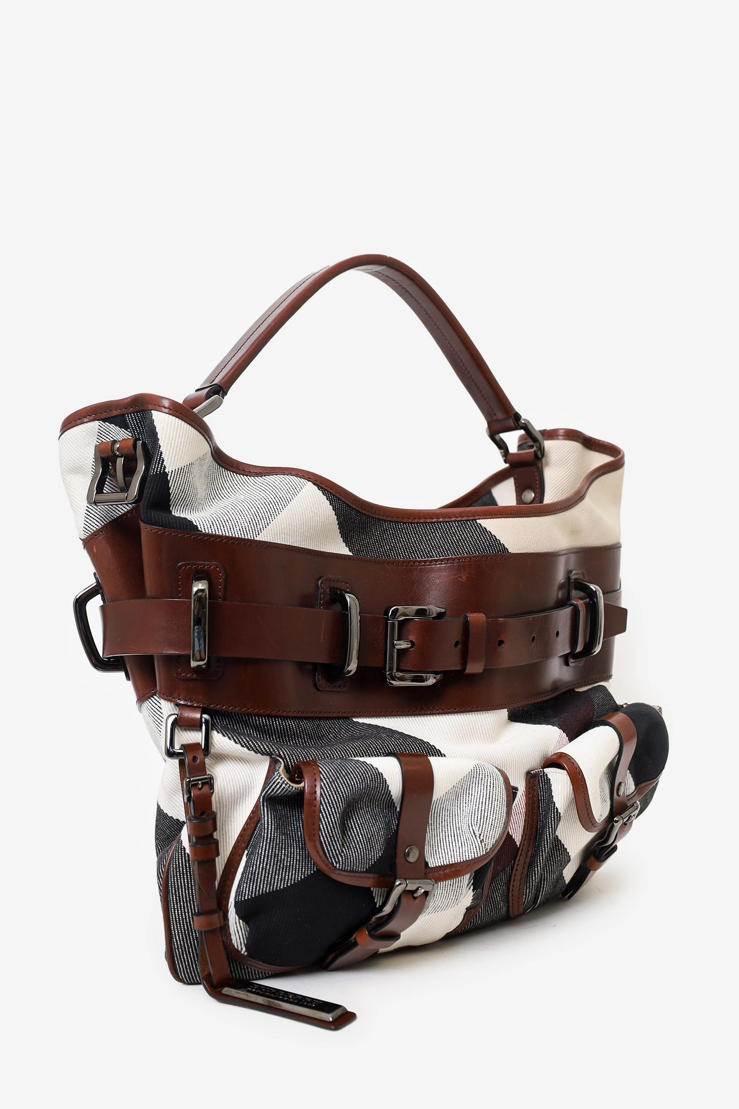 Burberry Brown Check Canvas and Leather Double Pocket Buckle Hobo Bag