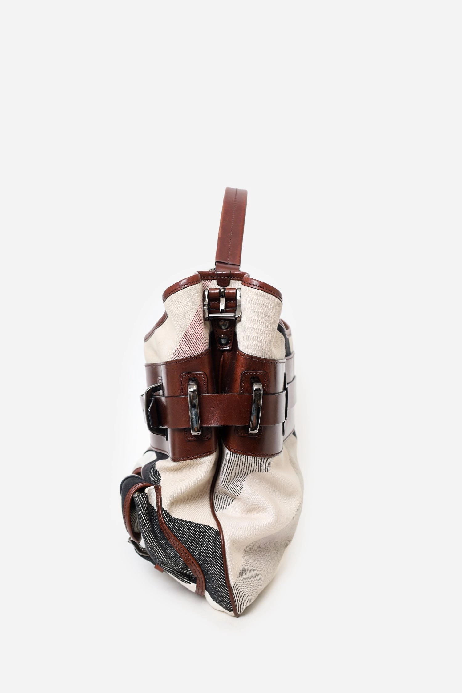 Burberry Brown Check Canvas and Leather Double Pocket Buckle Hobo Bag