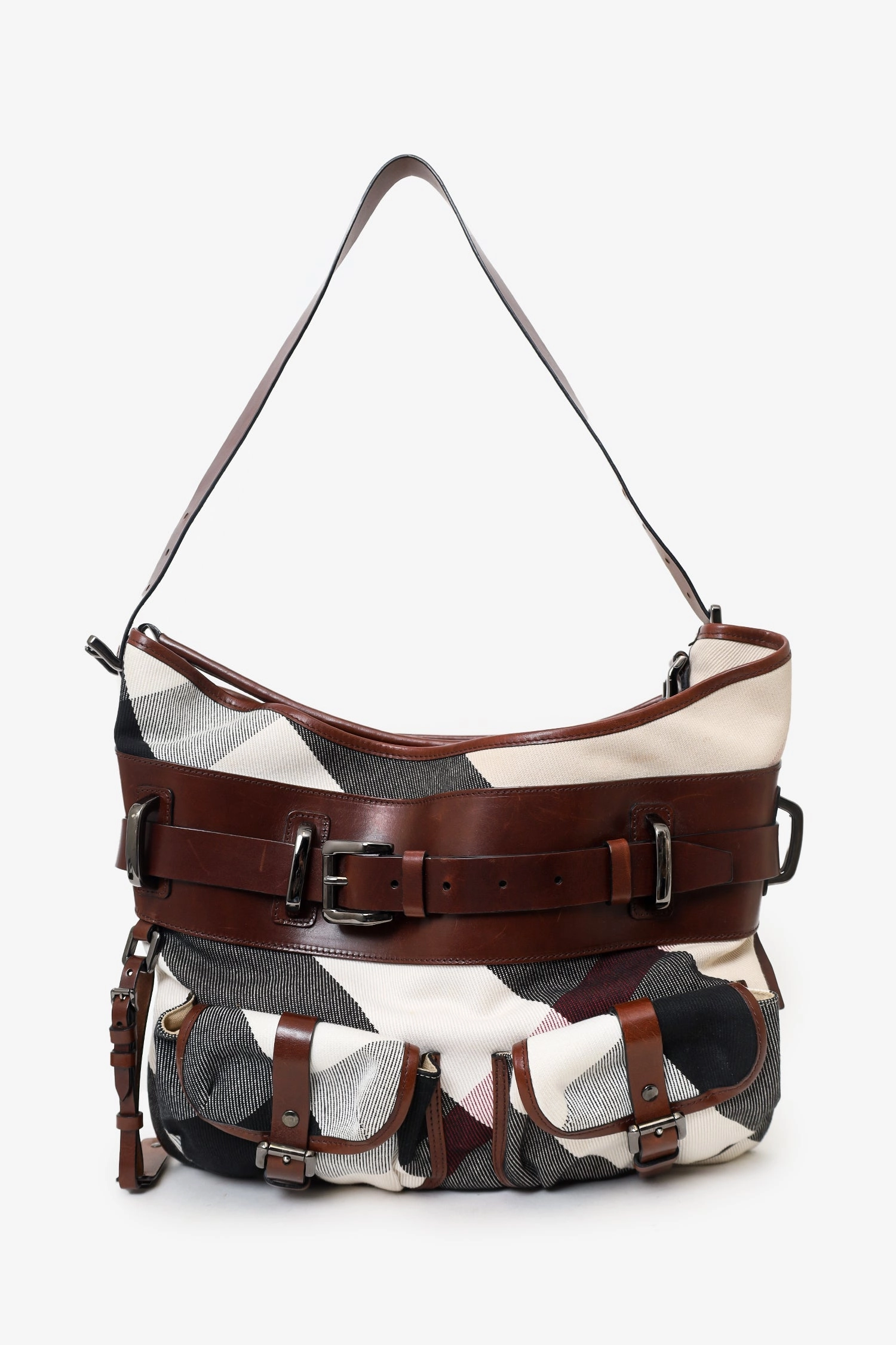 Burberry Brown Check Canvas and Leather Double Pocket Buckle Hobo Bag