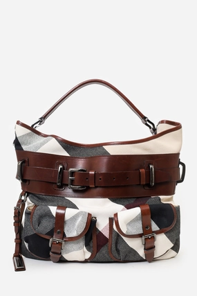 Burberry Brown Check Canvas and Leather Double Pocket Buckle Hobo Bag