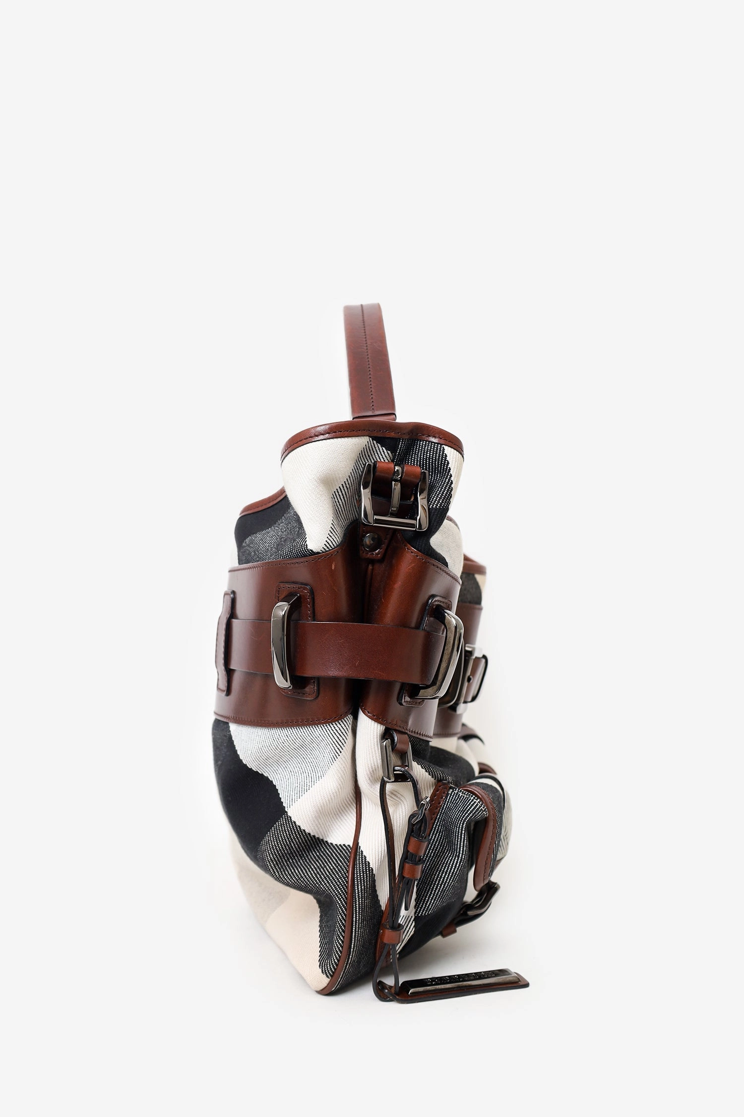 Burberry Brown Check Canvas and Leather Double Pocket Buckle Hobo Bag