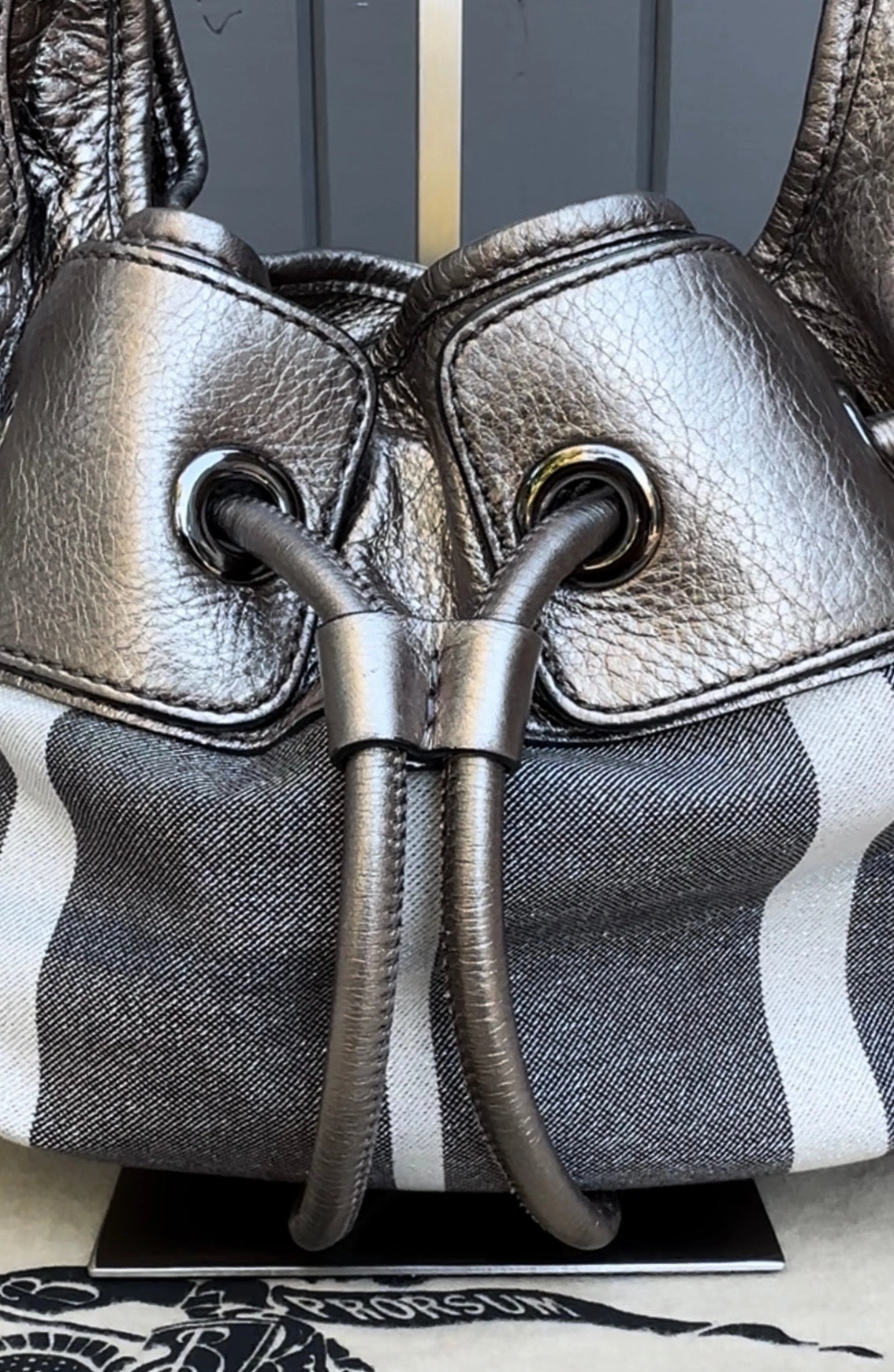 BURBERRY Vintage Canvas Leather Warrior Drawstring Hobo Shoulder Bag