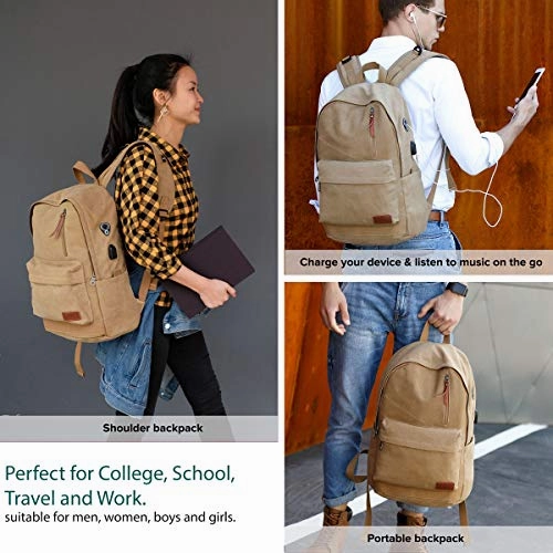 Canvas Laptop Backpack, Waterproof School Backpack With USB Charging Port For Men Women, Vintage Anti-theft Travel Daypack College Student Rucksack Fits up to 15.6 inch Computer(Brown)