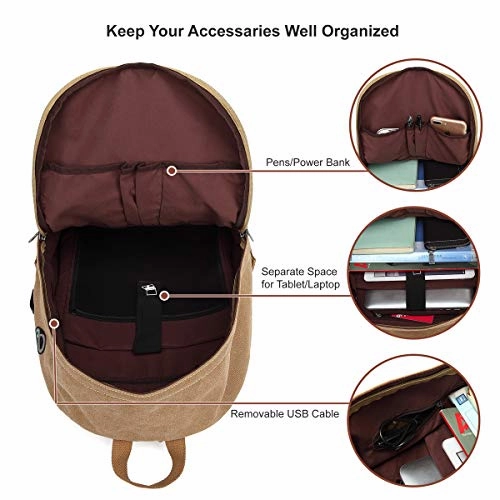 Canvas Laptop Backpack, Waterproof School Backpack With USB Charging Port For Men Women, Vintage Anti-theft Travel Daypack College Student Rucksack Fits up to 15.6 inch Computer(Brown)