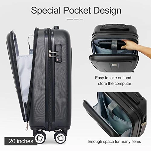 Ceilo ABS Hardside Luggage Sets With USB Interface Laptop Pocket,Lightweight Carry On Suitcase With TSA Lock&360Spinner Wheels,Black,3-Piece Travel Luggage Set (20/24/28)