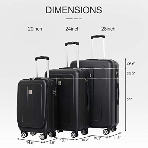 Ceilo ABS Hardside Luggage Sets With USB Interface Laptop Pocket,Lightweight Carry On Suitcase With TSA Lock&360Spinner Wheels,Black,3-Piece Travel Luggage Set (20/24/28)