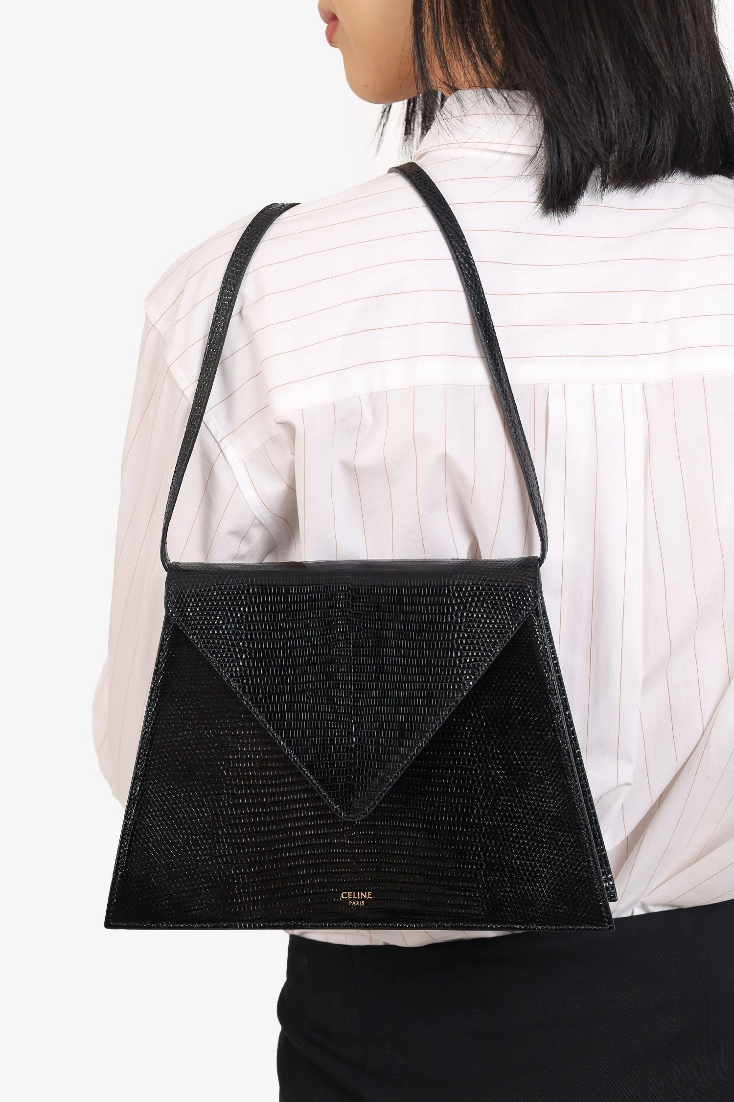 Celine Black Lizard Embossed Triangle Pochette
