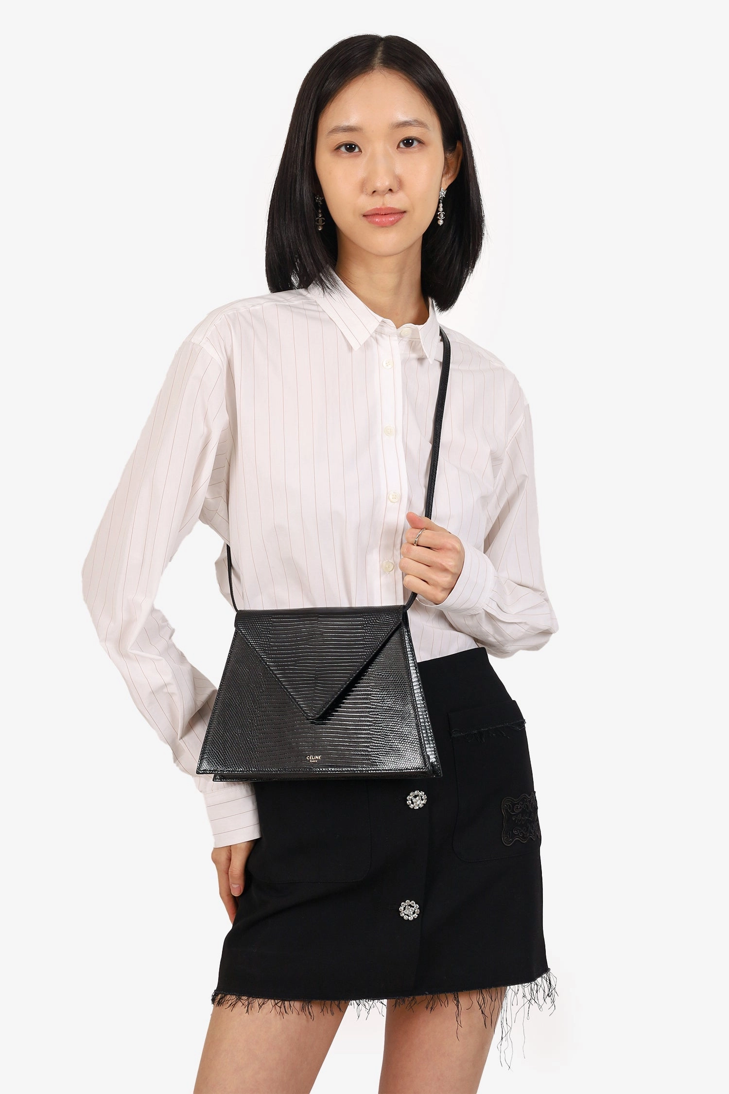 Celine Black Lizard Embossed Triangle Pochette