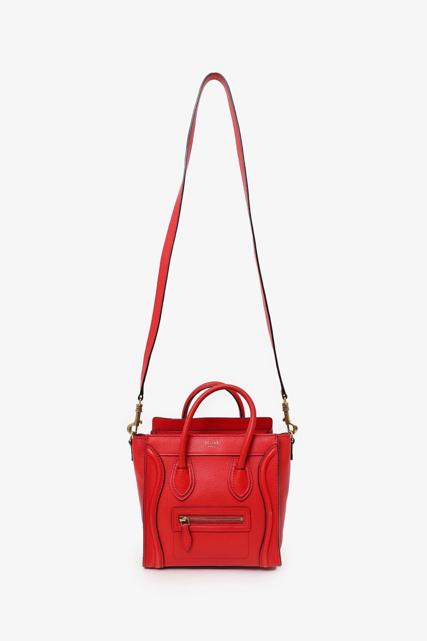 Celine Red Leather Nano Luggage with Strap