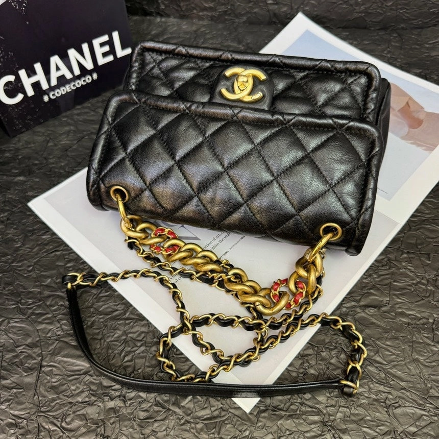 Chanel 19A Black Gold Tofu Chain Crossbody Bag