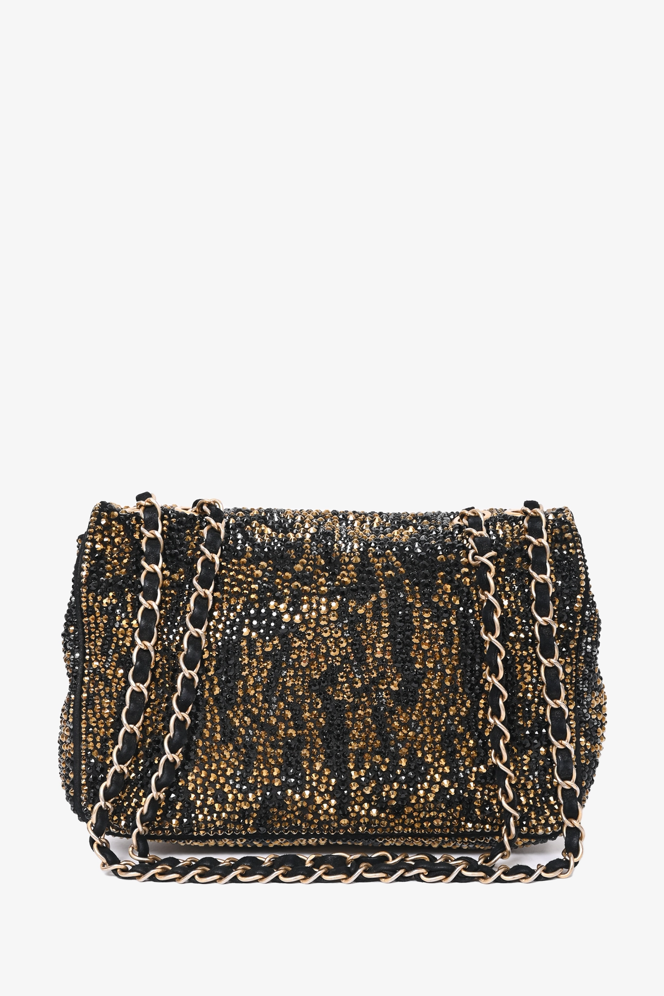 Chanel 2014-15 Black/Gold Swarovski Crystal Embellished Medium Single Flap Shoulder Bag