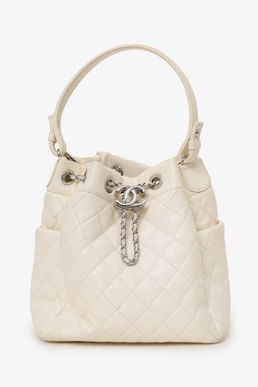 Chanel 2019-20 Cream Caviar Leather CC Chain Drawstring Bucket Bag