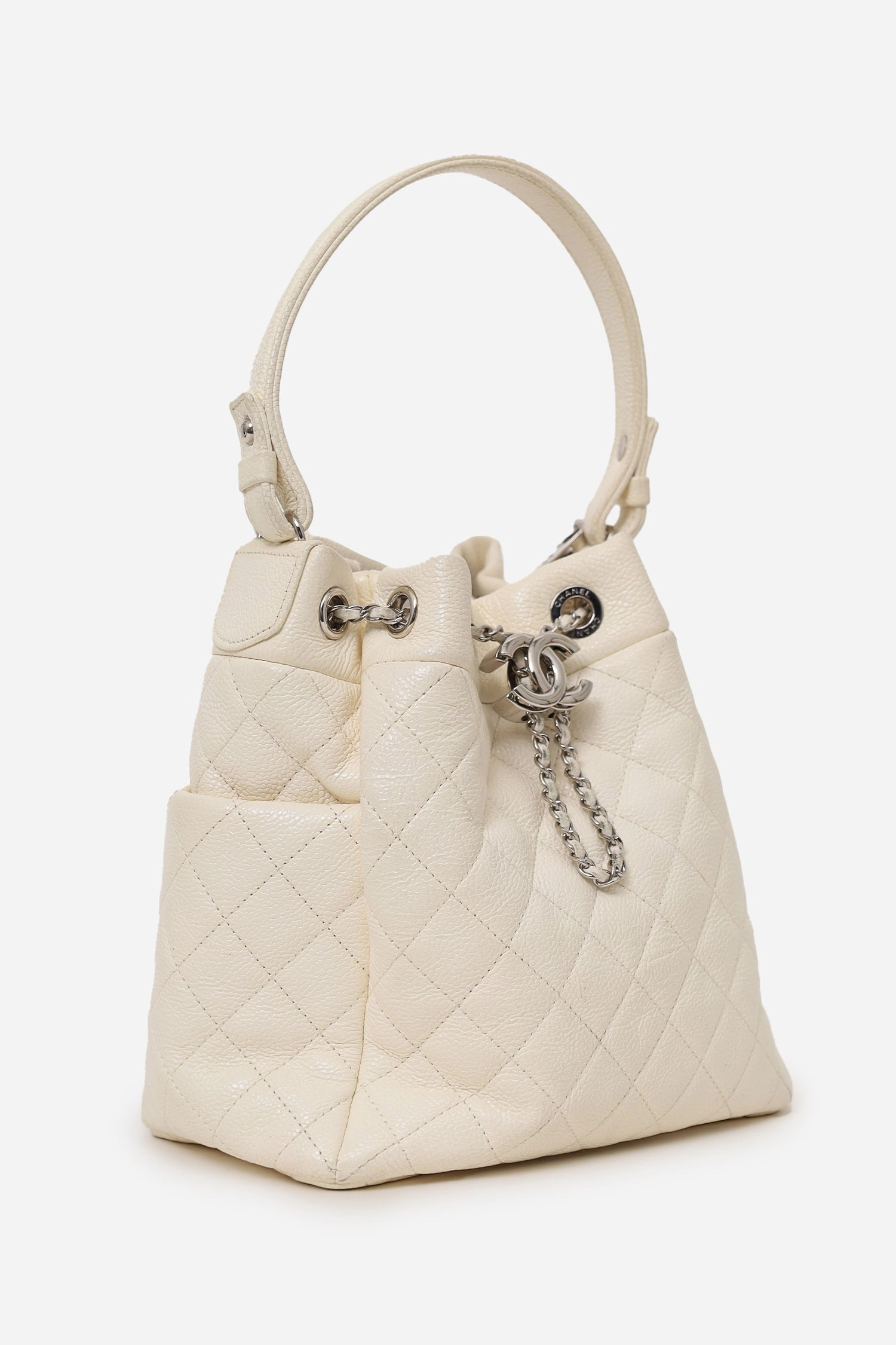 Chanel 2019-20 Cream Caviar Leather CC Chain Drawstring Bucket Bag