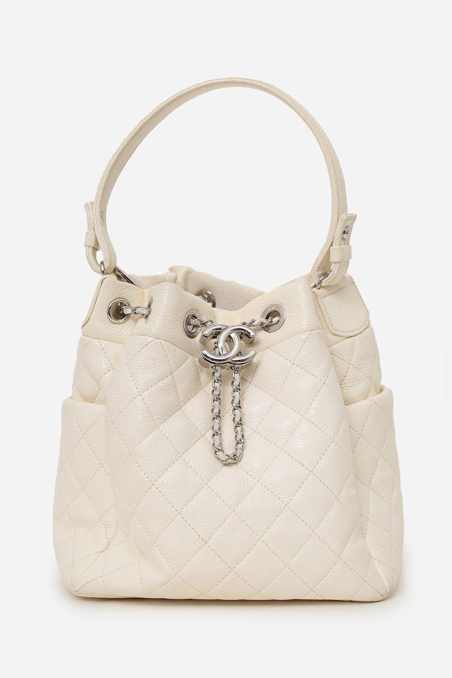 Chanel 2019-20 Cream Caviar Leather CC Chain Drawstring Bucket Bag