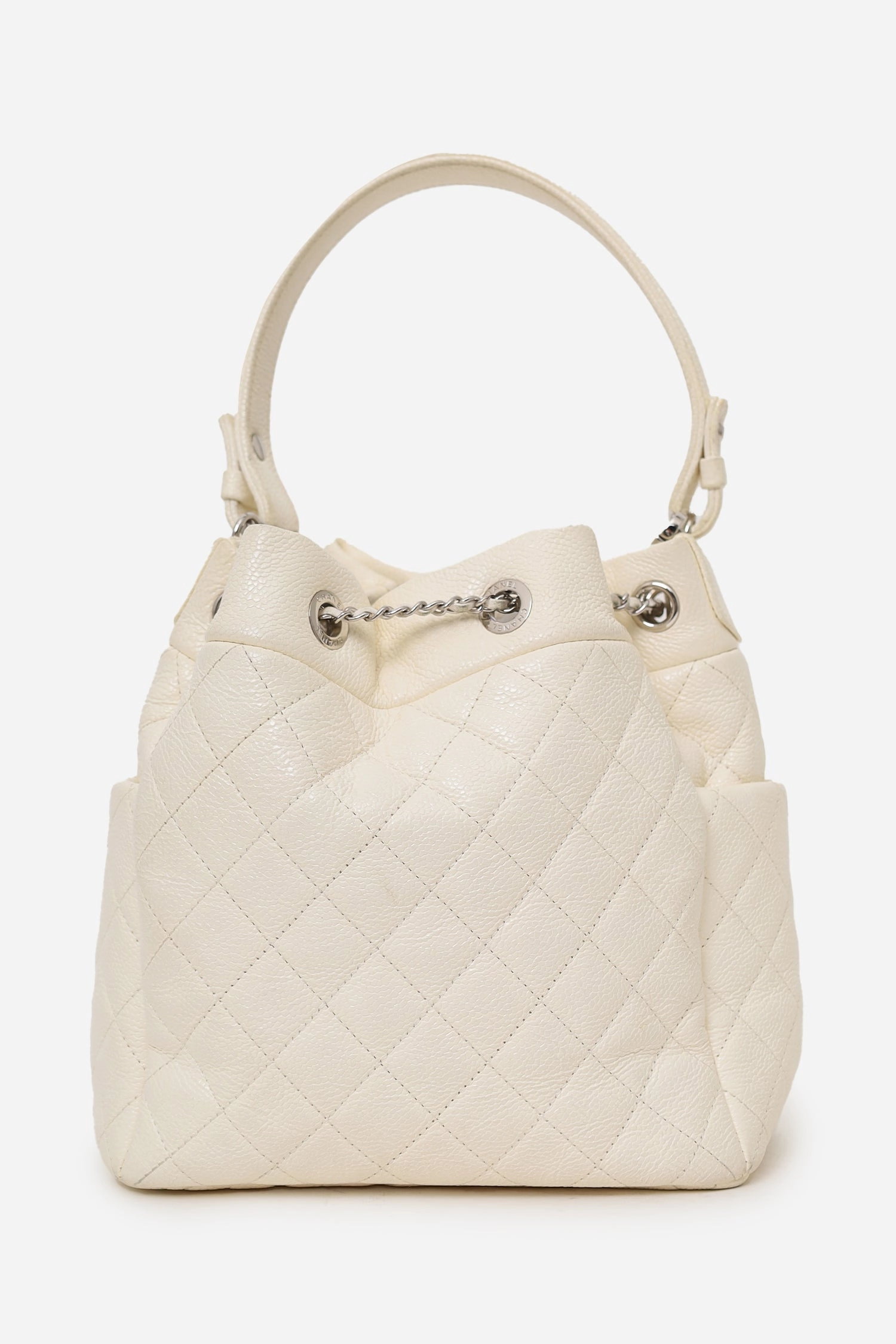 Chanel 2019-20 Cream Caviar Leather CC Chain Drawstring Bucket Bag