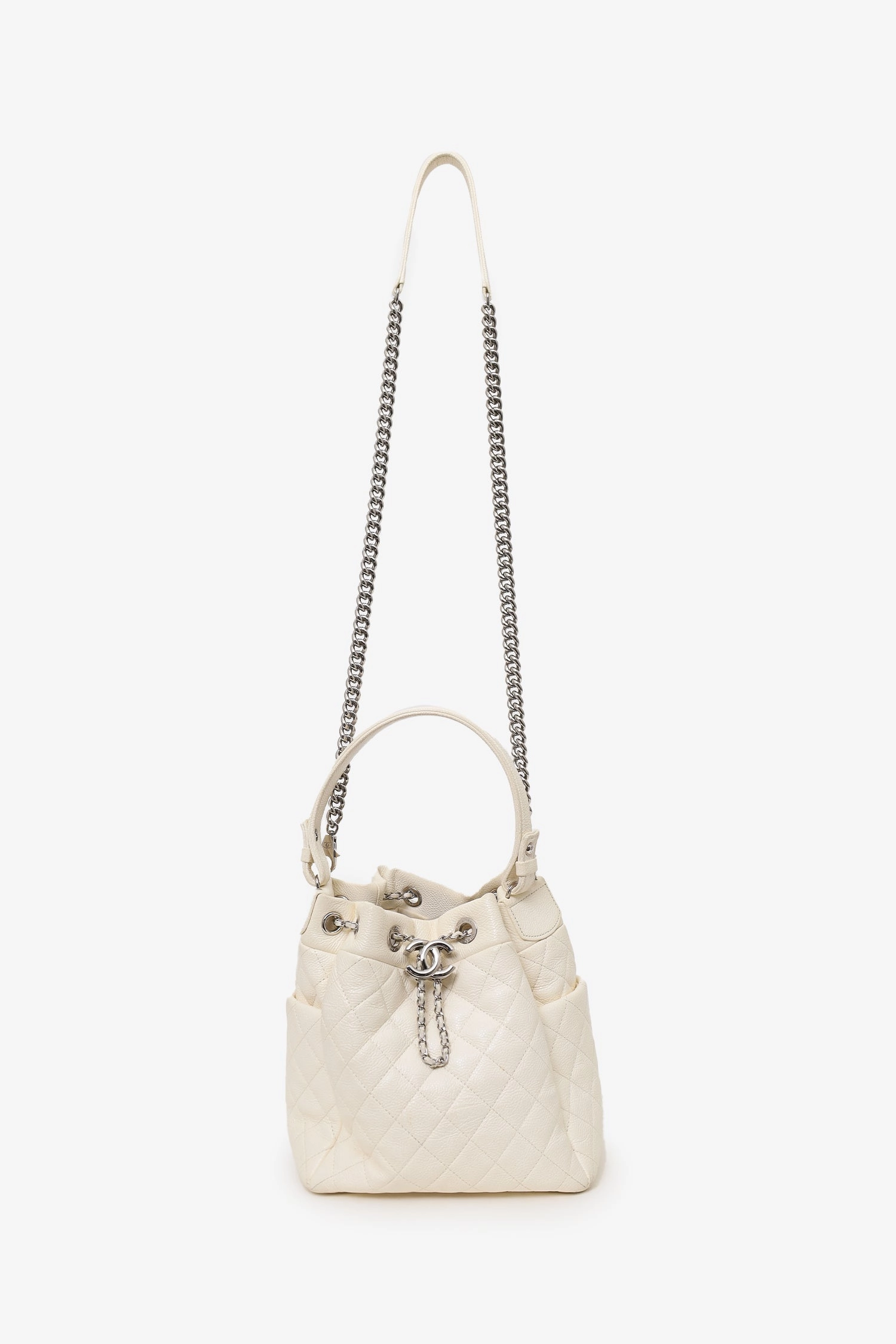 Chanel 2019-20 Cream Caviar Leather CC Chain Drawstring Bucket Bag