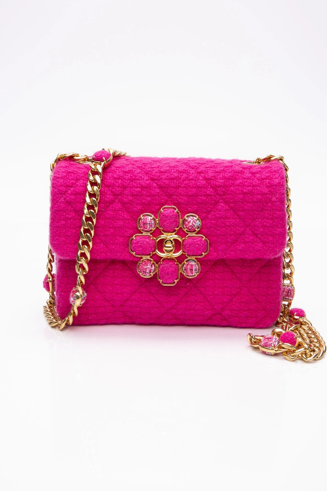CHANEL 22K Fuchsia Tweed Quilted Mini Bijoux Flap Crossbody Bag