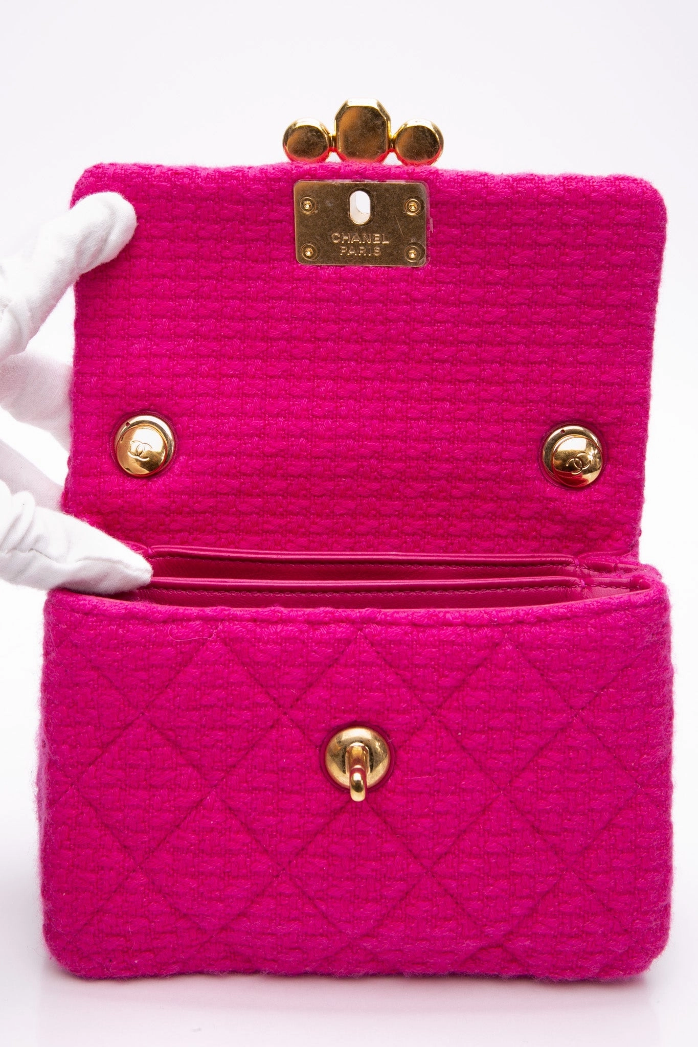 CHANEL 22K Fuchsia Tweed Quilted Mini Bijoux Flap Crossbody Bag