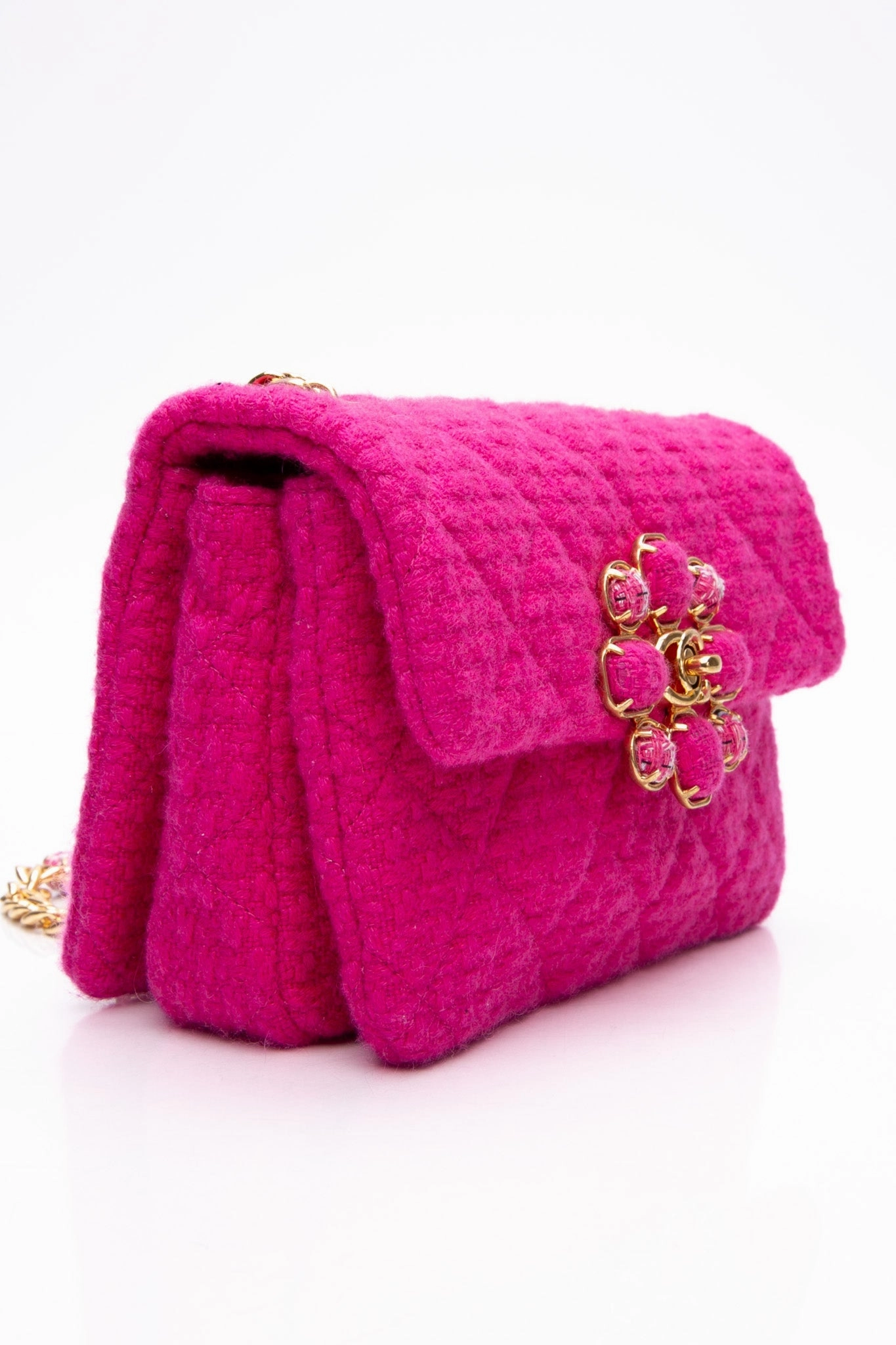 CHANEL 22K Fuchsia Tweed Quilted Mini Bijoux Flap Crossbody Bag