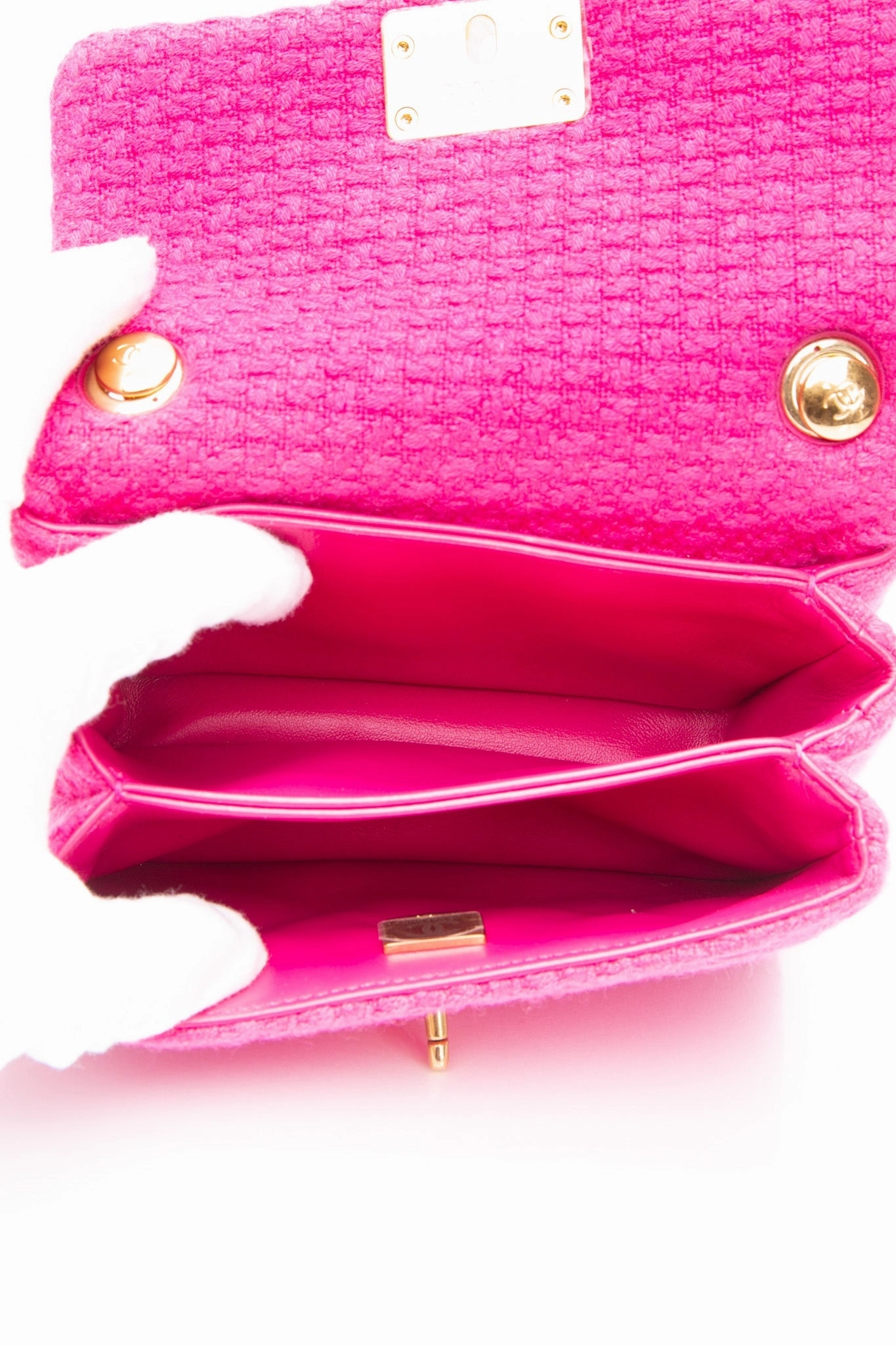 CHANEL 22K Fuchsia Tweed Quilted Mini Bijoux Flap Crossbody Bag