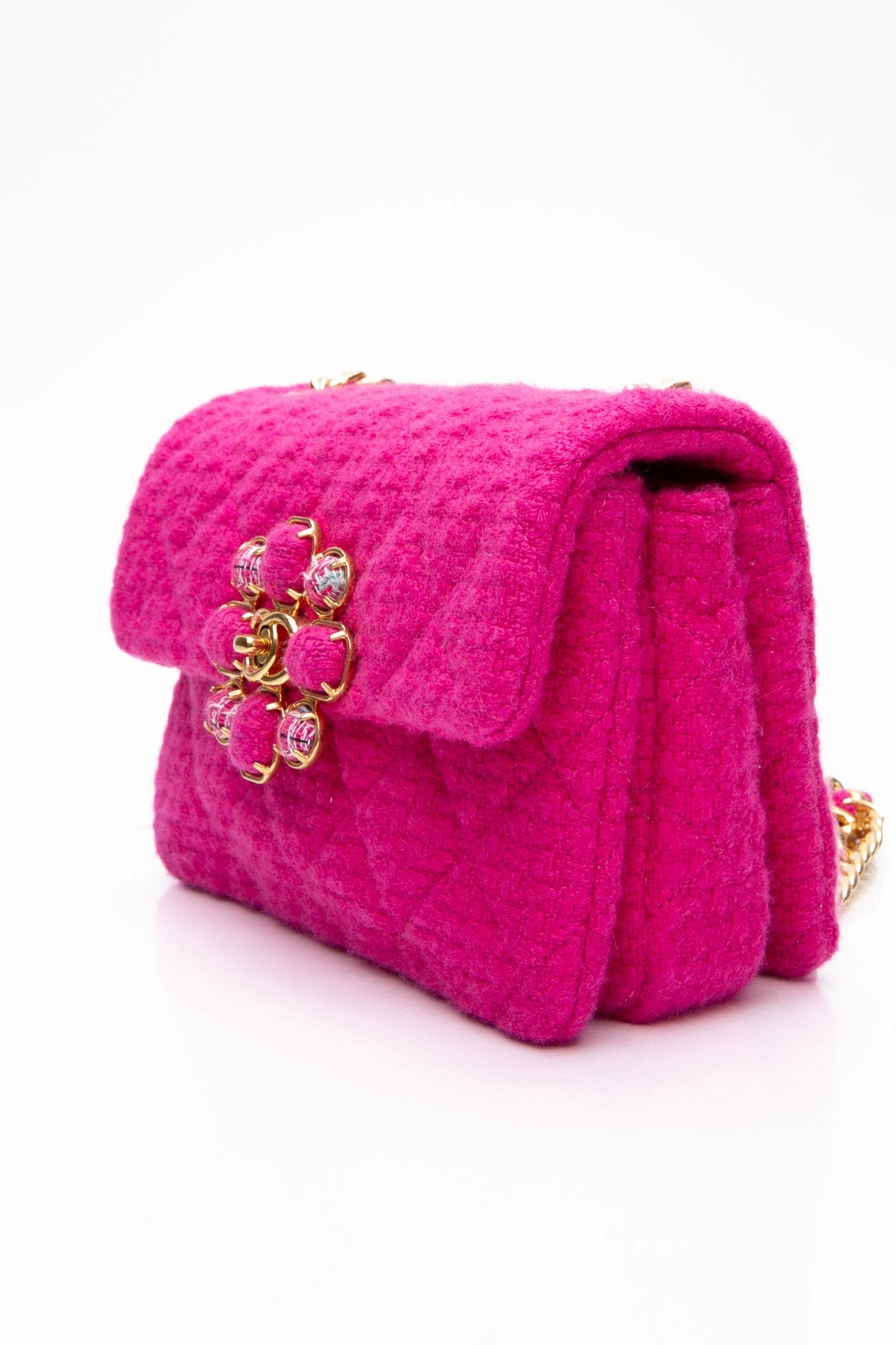 CHANEL 22K Fuchsia Tweed Quilted Mini Bijoux Flap Crossbody Bag
