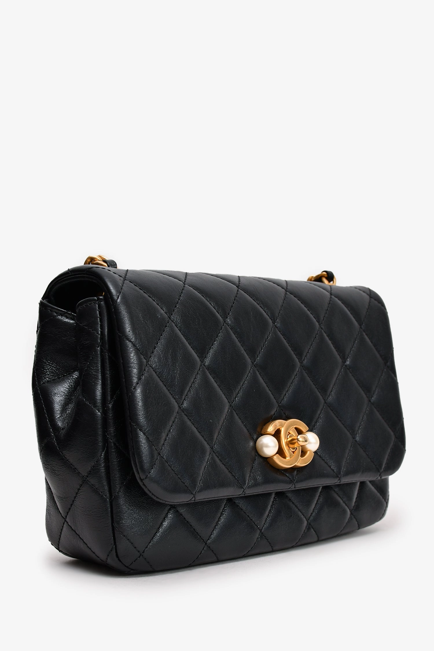 Chanel Black Glazed Leather Pearl Embellished Small Flap Bag